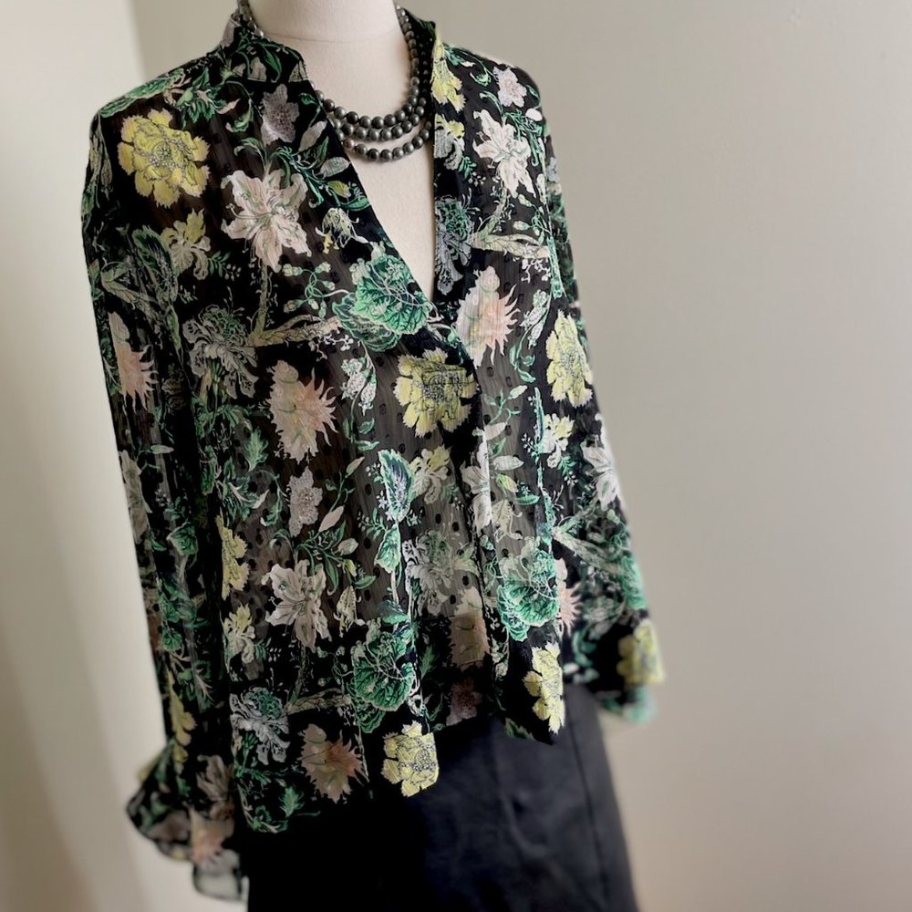 Club Monaco,  Tallant Sheer Shirt, Black Floral,  Size S